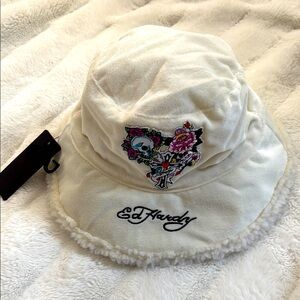 Ed Hardy Kids Off-White Bucket Hat with Floral Design